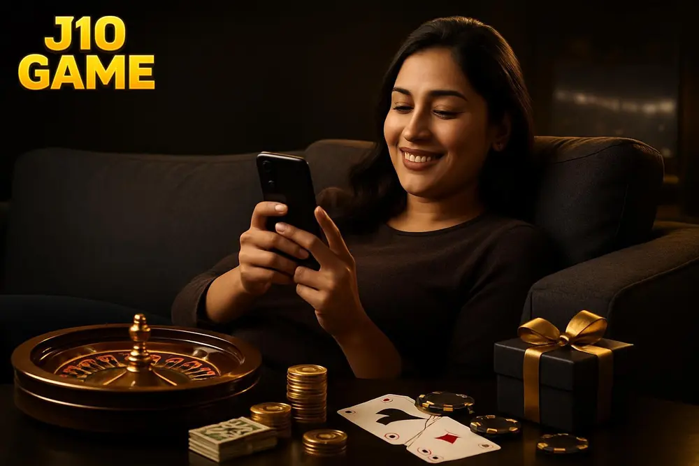 J10 GAME app โ a Pakistani woman lying comfortably on a sofa at home swiping through her phone with a relaxed smile J10 GAME app โ a Pakistani woman lying comfortably on a sofa at home swiping through her phone with a relaxed smile