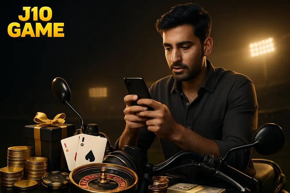 J10 GAME app โ a young Pakistani man sitting on a motorbike checking his phone screen while downloading an app J10 GAME app โ a young Pakistani man sitting on a motorbike checking his phone screen while downloading an app