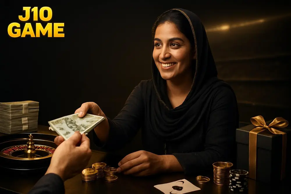 J10 GAME deposit โ a Pakistani woman smiling at a small shop counter handing over cash with stacks of local currency J10 GAME deposit โ a Pakistani woman smiling at a small shop counter handing over cash with stacks of local currency