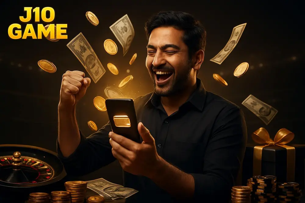 J10 GAME deposit โ a happy Pakistani man celebrating as gold coins and banknotes fan out around a glowing J10 GAME deposit โ a happy Pakistani man celebrating as gold coins and banknotes fan out around a glowing