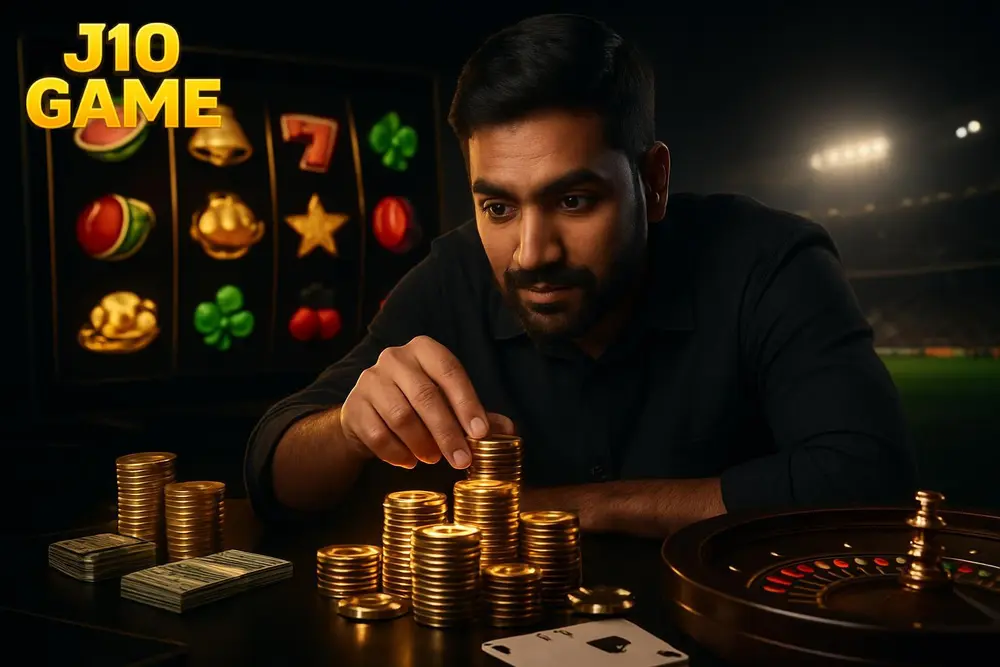 J10 GAME games โ a Pakistani man leaning over a table stacked with glowing chips as colorful slot symbols spin on a J10 GAME games โ a Pakistani man leaning over a table stacked with glowing chips as colorful slot symbols spin on a
