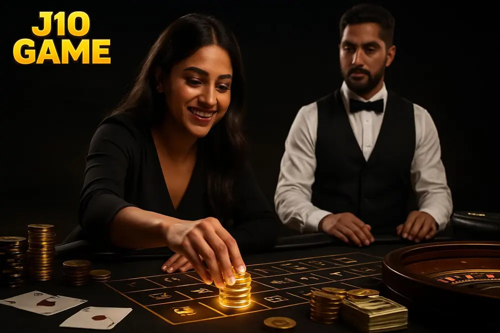 J10 GAME games โ a young Pakistani woman smiling as she places glowing casino chips at a roulette table with playing J10 GAME games โ a young Pakistani woman smiling as she places glowing casino chips at a roulette table with playing