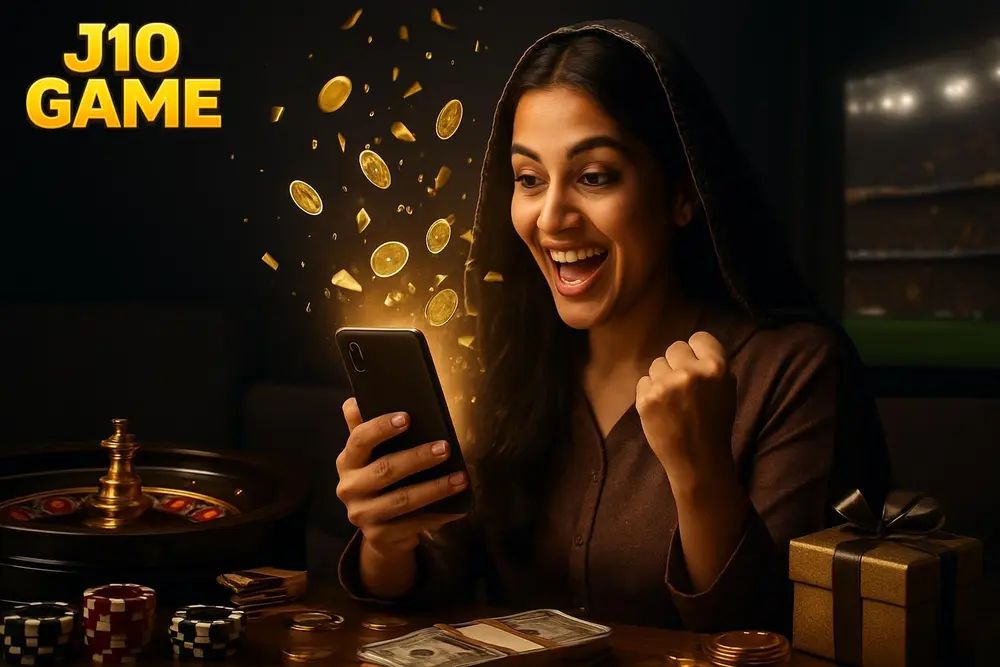 J10 GAME Pakistan โ a Pakistani woman celebrating excitedly at home as golden coins and confetti burst from her J10 GAME Pakistan โ a Pakistani woman celebrating excitedly at home as golden coins and confetti burst from her