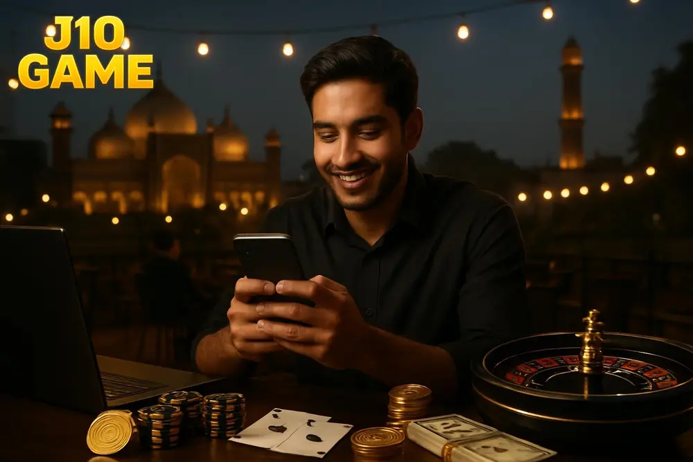 J10 GAME Pakistan โ a young Pakistani man smiling while using a smartphone at a rooftop cafe in Lahore with warm J10 GAME Pakistan โ a young Pakistani man smiling while using a smartphone at a rooftop cafe in Lahore with warm
