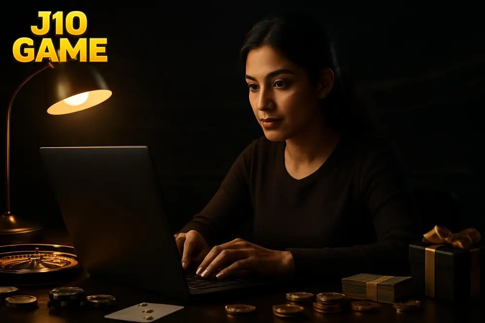 J10 GAME login โ a young Pakistani woman typing on a laptop keyboard at a study table with a warm desk lamp lighting J10 GAME login โ a young Pakistani woman typing on a laptop keyboard at a study table with a warm desk lamp lighting
