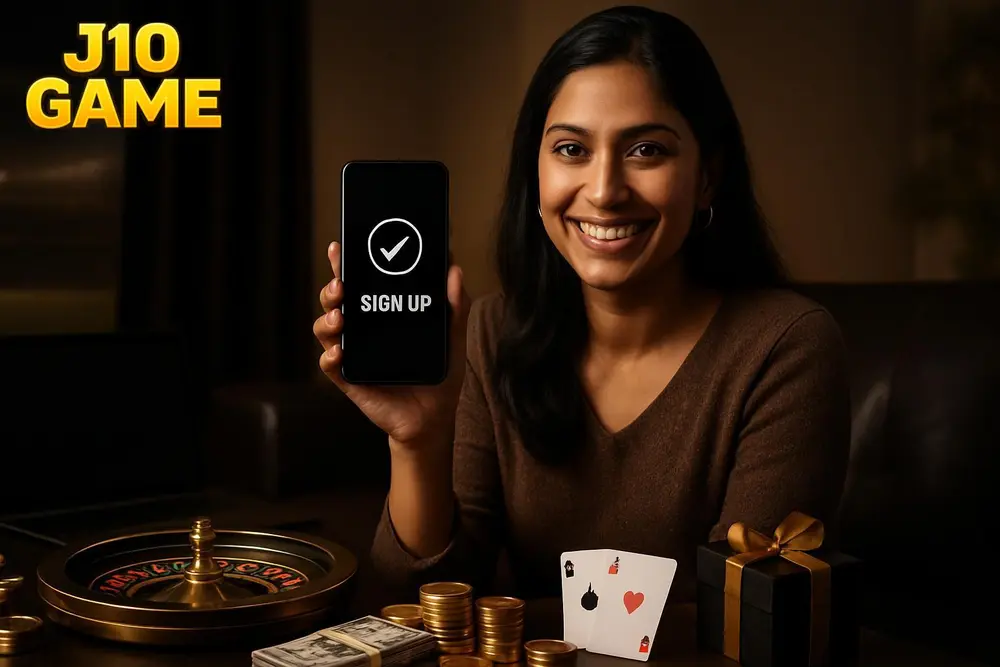 J10 GAME register โ a smiling Pakistani woman holding her phone showing a completed sign-up screen while sitting in J10 GAME register โ a smiling Pakistani woman holding her phone showing a completed sign-up screen while sitting in