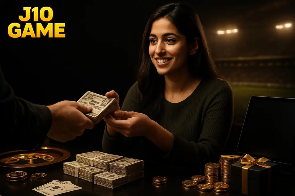 J10 GAME withdraw โ a young Pakistani woman receiving a cash payout at a counter with stacks of local currency J10 GAME withdraw โ a young Pakistani woman receiving a cash payout at a counter with stacks of local currency