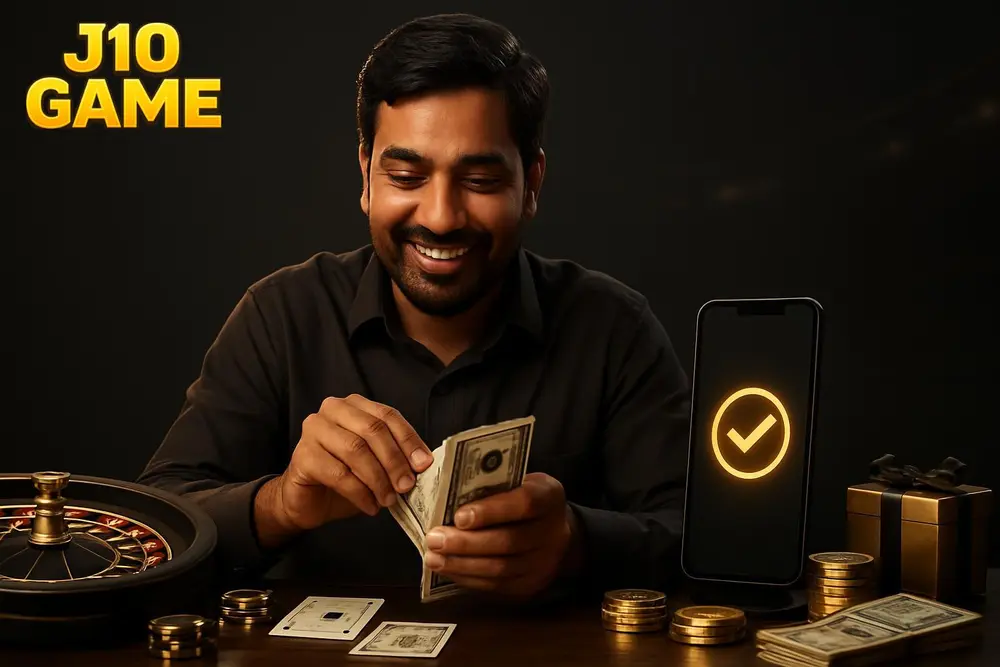 J10 GAME withdraw โ a Pakistani man smiling while counting banknotes at home next to his phone showing a glowing J10 GAME withdraw โ a Pakistani man smiling while counting banknotes at home next to his phone showing a glowing
